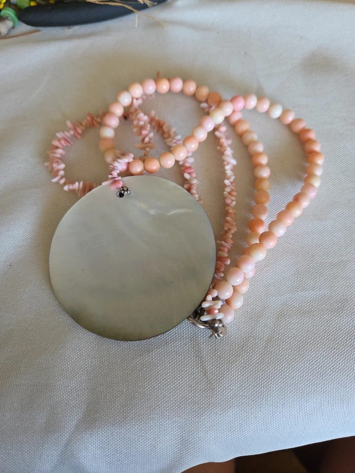 Sally C Treasures Angel Skin Pink Coral Necklace Abalone Shell Pendant Silver925 - Image 2 of 4