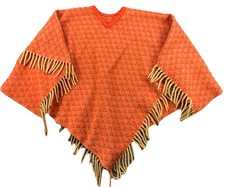 Vintage 60s 70's Homemade Wool Cape/Poncho Orange W/ Gold Tassels Boho Hippie