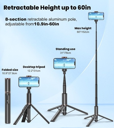 TONEOF 60" Selfie Stick Tripod for Video,All-in-1 Extendable Cell Phone... - Zdjęcie 6 z 8