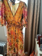 Farm Rio Multicolor Floral Maxi Dress V-Neck Puff Short Sleeve Ruffle Accents