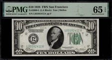 1928 $10 Federal Reserve Note San Francisco FR.2000-L - PMG 65 EPQ - Numeric 12