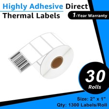 30Rolls 1300 Labels 2x1 Direct Thermal for Zebra LP 2824 2844 2442 Eltron ZP450