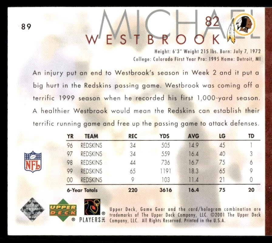 2001 UD Game Gear Michael Westbrook Washington Redskins #89 - Image 2 of 2
