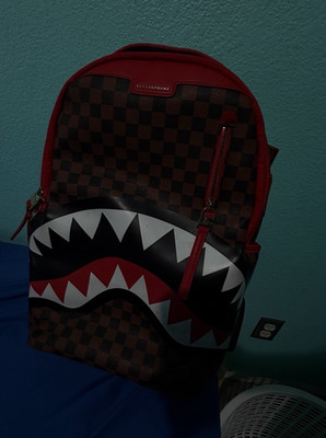 Sprayground Shark Mouth Checkered Backpack Faux Leather Brown Black Red White
