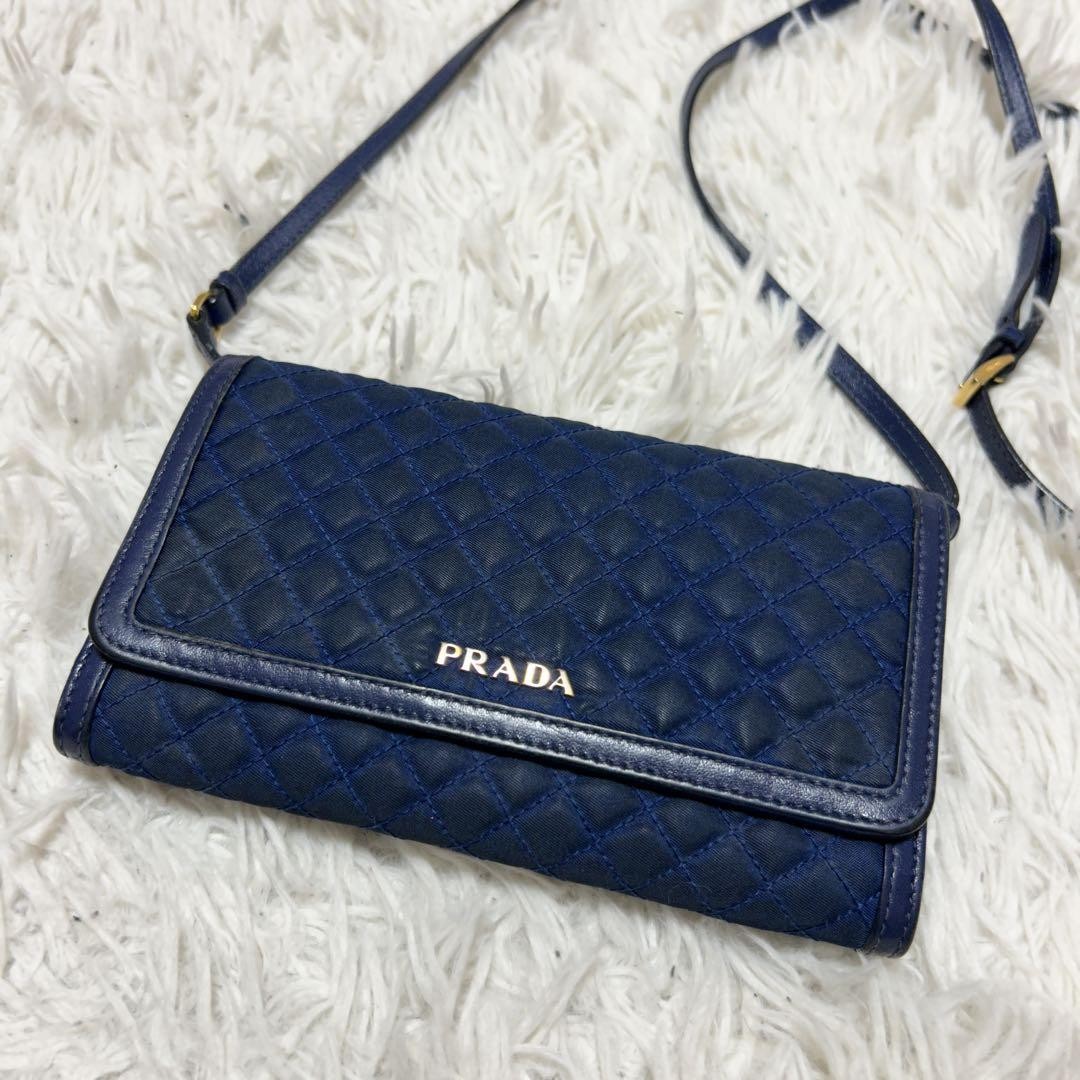 Prada Quilted Leather 2-Way Shoulder Wallet Blue Pre-Owned Excellent