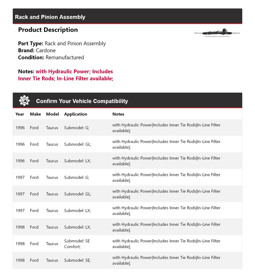 Conjunto de piñón y cremallera para Ford Taurus 1996-1998 Cardone 1997 Foto 2 de 4