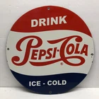 Vintage 16" Drink Ice-Cold Pepsi-Cola Large Porcelain Enamel Metal Tacker Sign