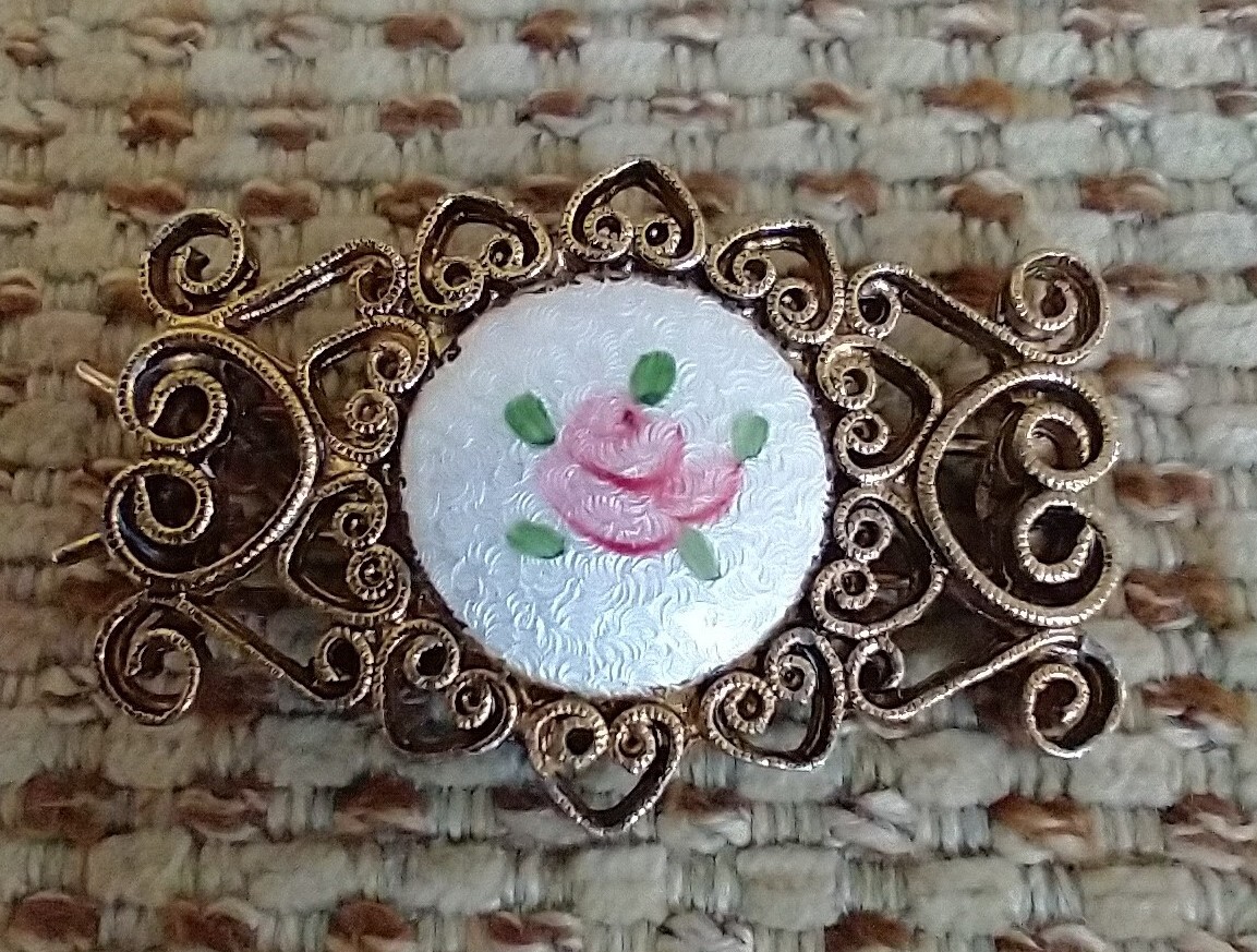 Vintage Hair Barrette Guilloche Enamel Pink White Rose Gold  display picture 3