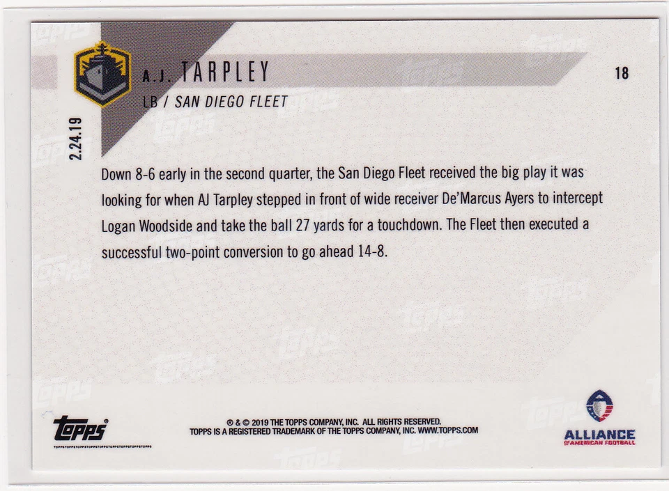 A.J. Tarpley San Diego Fleet Rookie 2019 Topps NOW #18 AAF 2.24.19 Print Run 213 - Image 2 of 2