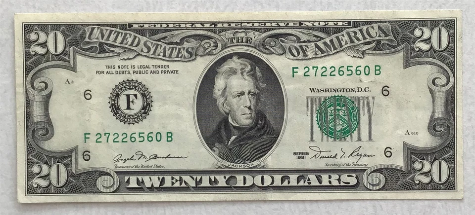 US 1981 Federal Reserve Notes Small 20 Dollars Reverse printing error UNC RC0333 - Image 2 of 2