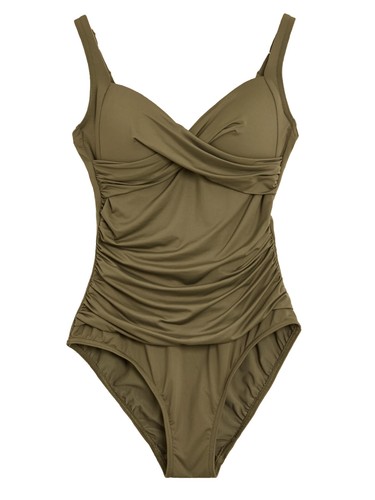 New Ex Mu0026S Tummy Control Padded Non Wired Wrap Plunge Lined Swimsuit Khaki  6-24 | eBay