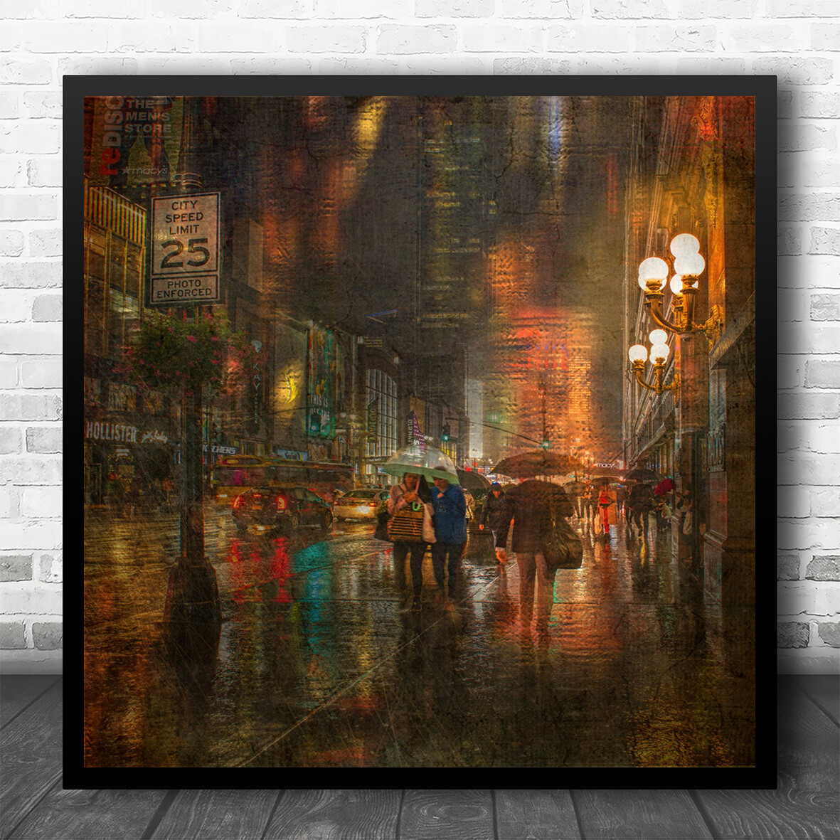 Rain Evening City Street Colourful Rainy Raining Double Exposure Wall Art Print