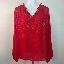 Liz Claiborne Top Medium Red Gold Floral Rhinestone Embellished Blouse Women's