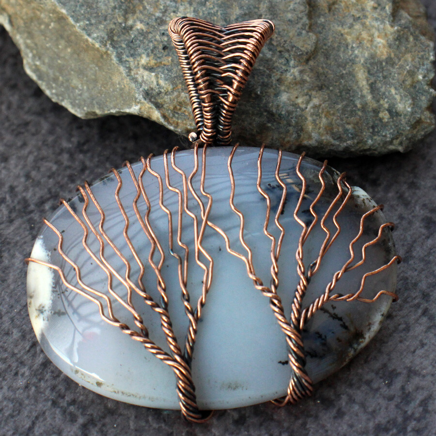 Dendritic Opal Ethnic Copper Wire-Wrapped Pendant Jewelry Size 1.9