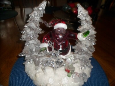  Light Up Changing Colors Plastic Santa Ice Sculpture on Snow w Trees,deer,boy 