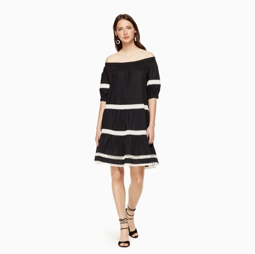 Abito donna Broome Street Kate Spade spalle scoperte taglia L nero accento uncinetto