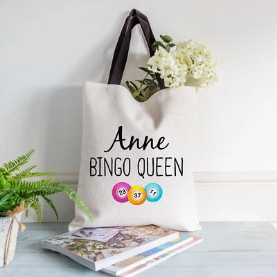DRIFTING DUCKS Personalised Linen Tote Bag, Custom Name Bingo Queen Christmas Gift for Her Mum