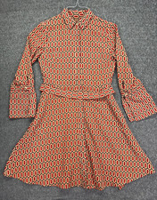 Banana Republic Dress Women 4 Red Tan Black Geometric Button Belted Bell Sleeves