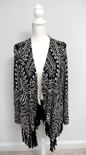 INC INTERNATIONAL CONCEPTS Womens XL Black Beige Geometric Open Fringe Cardigan
