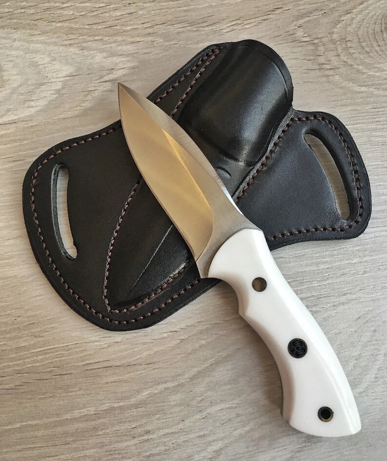 Hunting Knife 1075 Carbon Steel and White Corian Handle -Blacksmith Made Camping