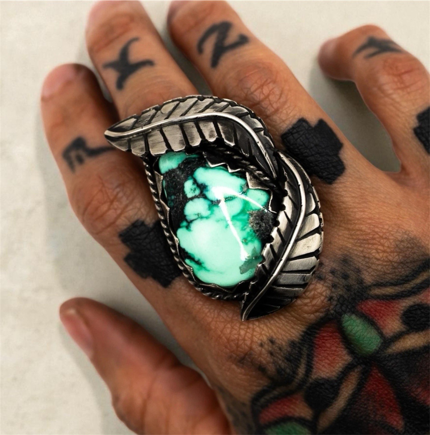 Silver Statement Ring Size 7.5 Green Emerald Rose… - image 1