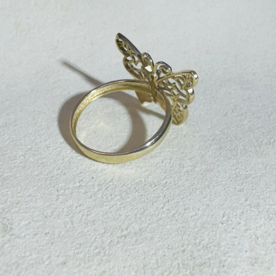 Solid 10K Yellow Gold Filigree Butterfly Ring Size 6 - Image 3 of 4