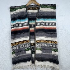 Vtg Mexican Unisex Blanket Vest Falsa Poncho Serape Woven Stripes Shredded Hem M