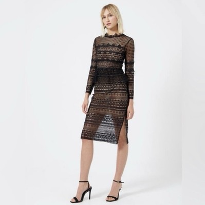 NWT French Connection Petra Lace Elegant Peplum Midi Dress Nude Underdress Sz 8