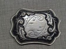 vintage CHROME belt buckle ENGRAVED metal WESTERN cowboy FLORAL
