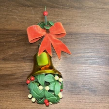 Vintage Plastic Mistletoe Kissing Ball With Gold Bell Hanging Christmas Decor