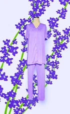 LISSOME Nylon EMBROIDERED Short Sleeve LAVENDER PURPLE Pajamas 2 Pc Womens Large