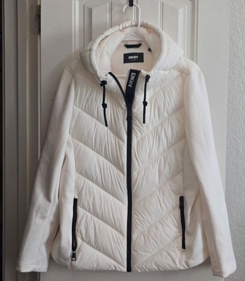 DKNY Women's White Puffer Jacket Full Zip Hooded Size XL Quilted