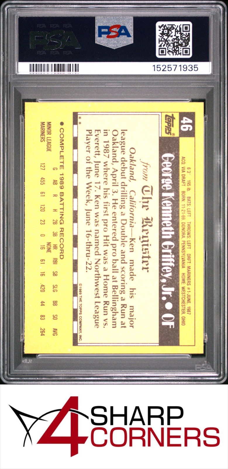 1990 TOPPS '89 M.L. DEBUT #46 KEN GRIFFEY JR. MARINERS HOF PSA 10 view 2