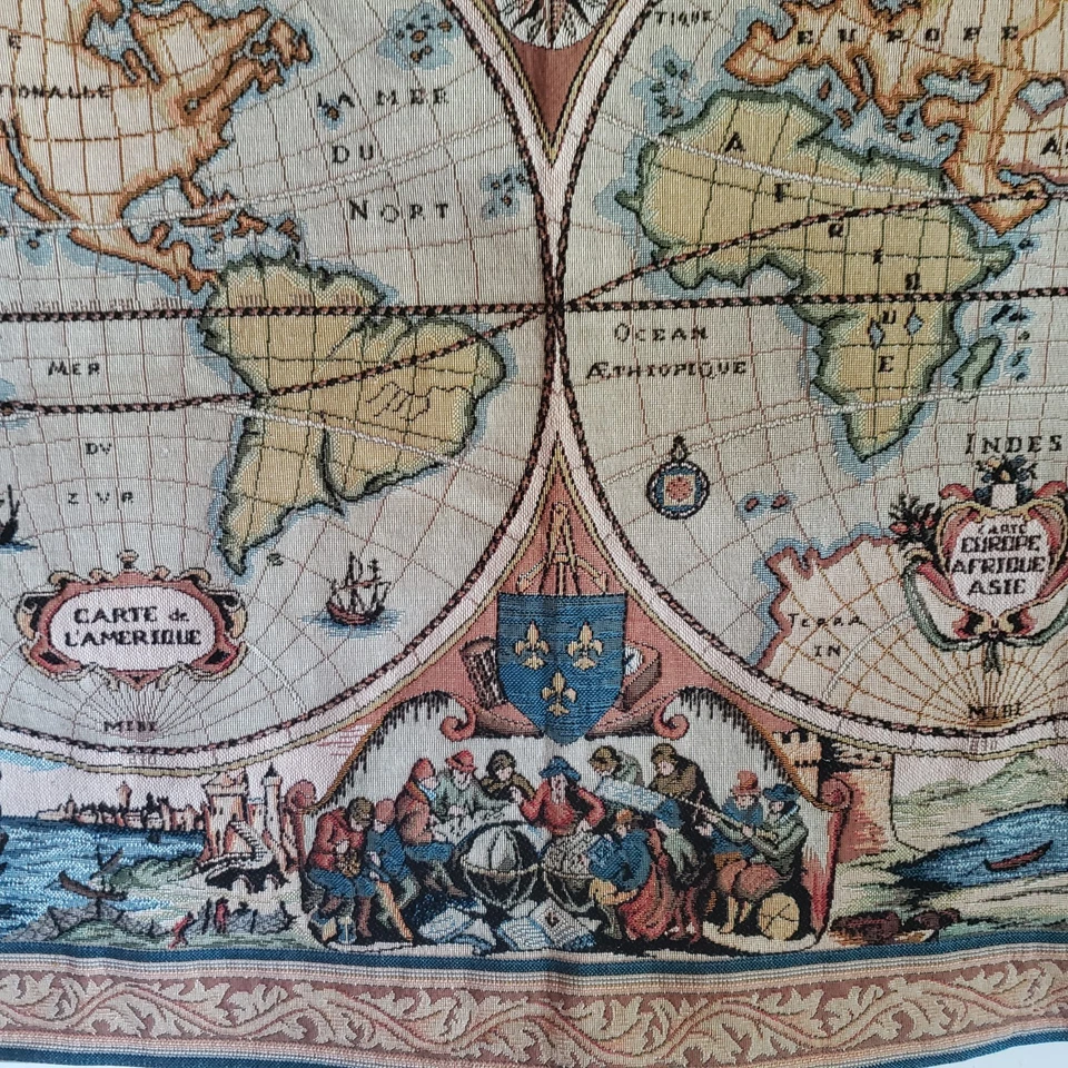 Tapiz Mapa del Mundo 42” X 32” Hecho en Francia Respaldo 100% Algodón, Bolsillo de Varilla Raro Foto 2 de 4