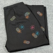 Y2K Embroidered Pineapple Flower Capri Pants 10 Tropical Resortwear Cottagecore