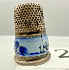 Antique Sterling Silver Sewing Thimble Enameled Blue White Windmills Germany sz3