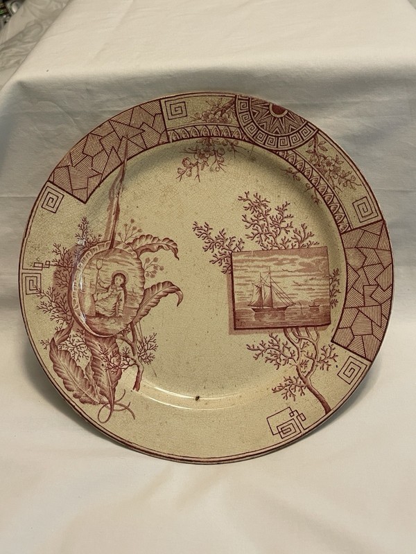 1884 Red transferware plate "Mersey" pattern Davenport Ltd Longport Reg # 4312