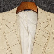 Stafford Linen Cotton Blazer Mens 46R Classic Fit Herringbone Windowpane 2 Btn
