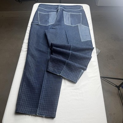 Denim First Jeans Mens 36 Blue Grid Patchwork Baggy Denim Streetwear Pants