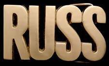 MH02175  NOS  VINTAGE 1970s/80s CUT-OUT NAME  RUSS  SOLID BRASS BUCKLE