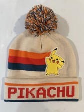 Pokemon Pikachu Knit Beanie Cuffed Pom Poms Beige With Stripes - 2022 Hat