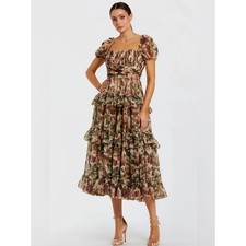 Mac Duggal Beige Chiffon Ruffle A Line Midi Dress with Puff Sleeves Size 8