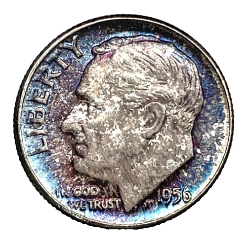1956 Roosevelt Dime BU Original Colorful Mint Set Toning Silver 10c US Coin #7