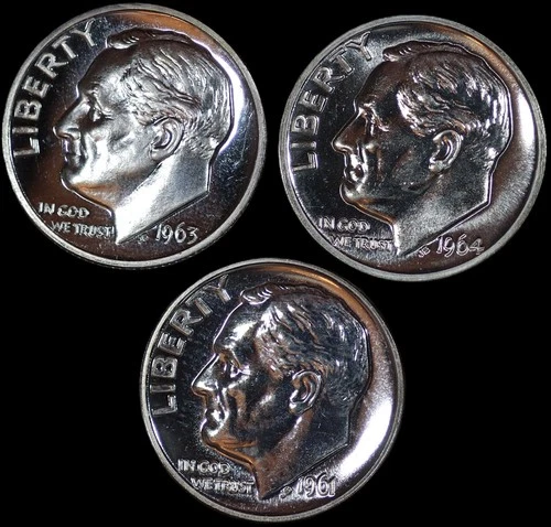 x3 1961-1964 Proof 90% Silver Roosevelt Dimes 10C - 0.30 FV 90% Silver - SKU#683
