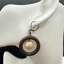 Vintage Handmade Women's Brown Boho Wooden Hoop Rattan Ball Dangle/Drop Earrings