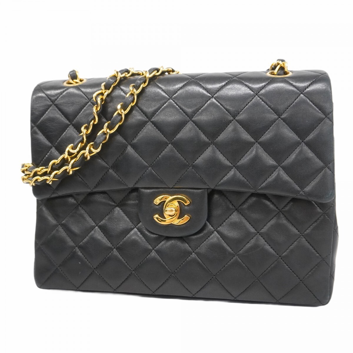 CHANEL Matelassé Flap Shoulder Bag in Black Lambskin with Gold Chain