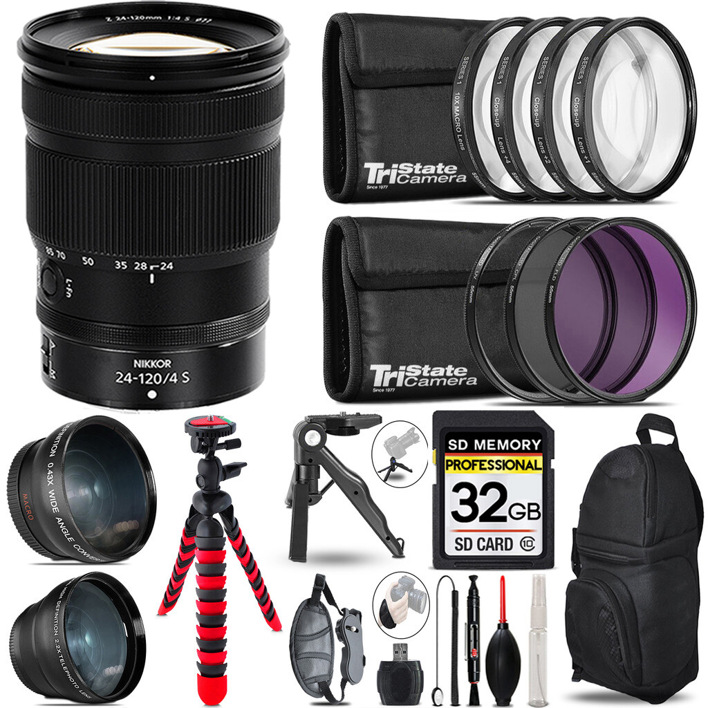 Nikon NIKKOR Z 24-120mm S Lens - 3 Lens Kit + Tripod + Backpack - 32GB Kit
