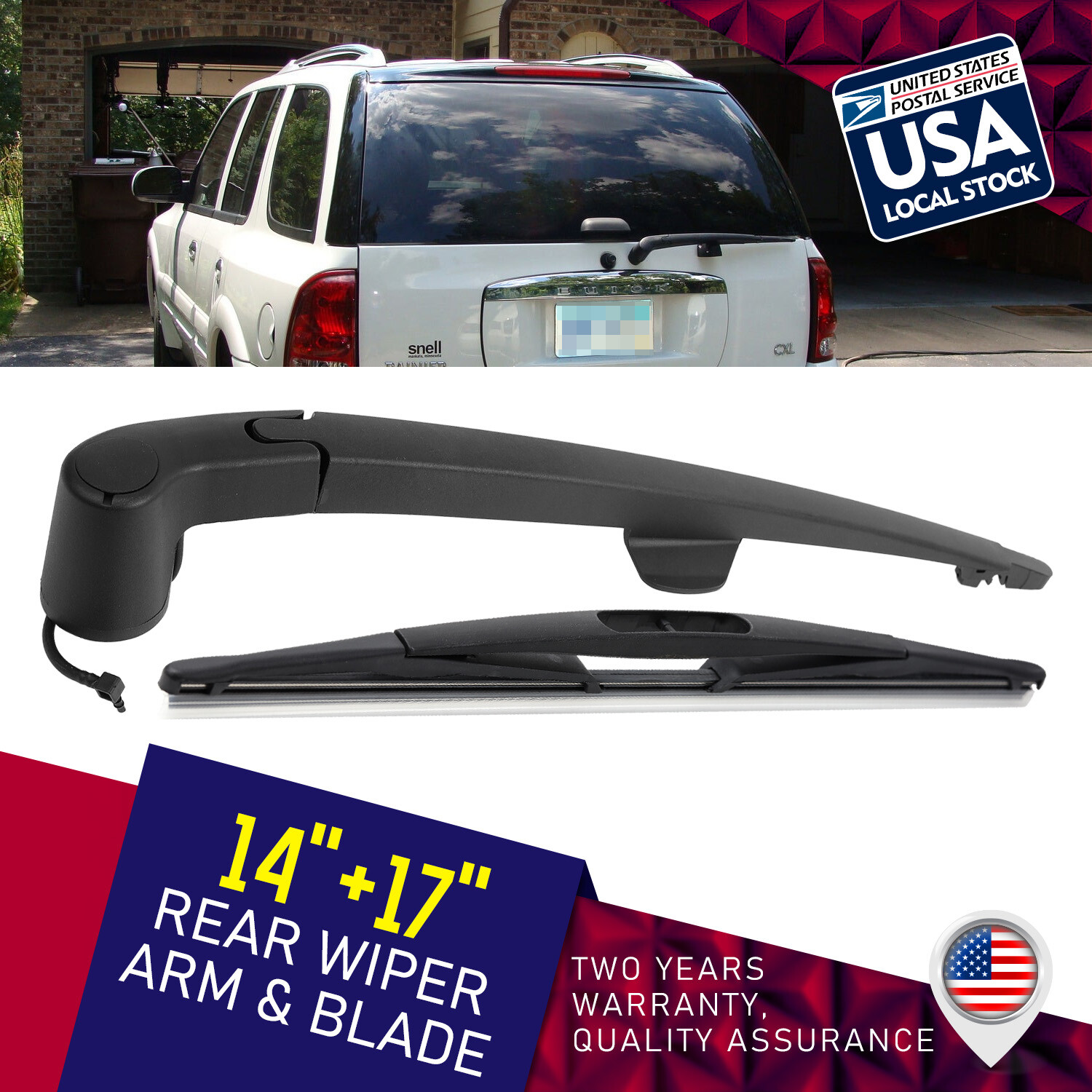 Waterproof 14 and 17 Inch Rear Windshield Wiper Arm Blade Set OEM Replacement Durable