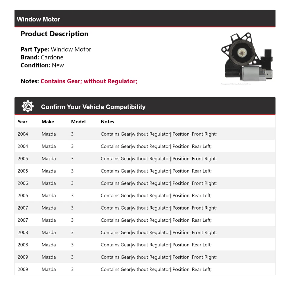 Para Mazda 2004-2009 3 ventanas motor Cardone 2005 2006 2007 2008 Foto 2 de 4