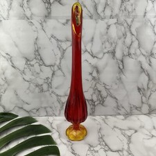 Vintage L E Smith Amberina Glass Swung Vase Red Orange Pedestal MCM 17 in Tag
